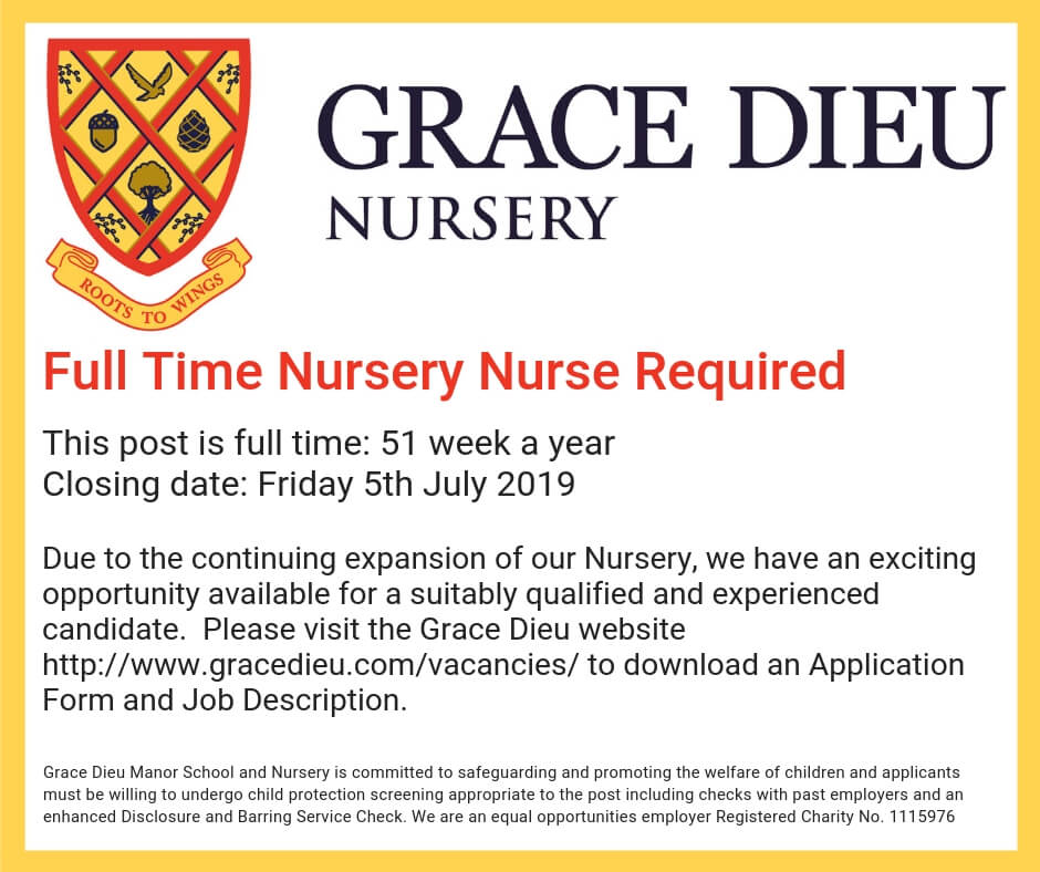 Nursery Nurse Advert 5Jul2019 Grace Dieu